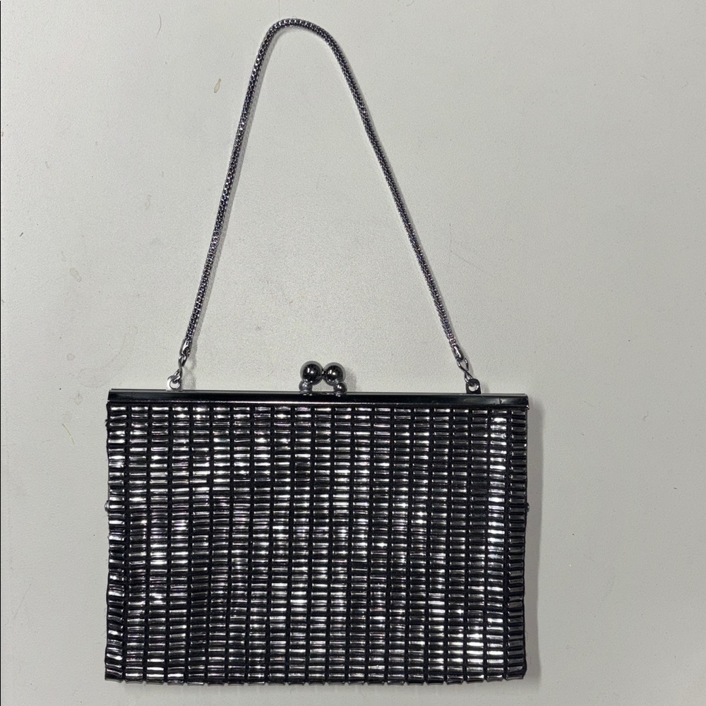 1960s Beaded Black and Silver Clutch Bag Elegant Hong Kong